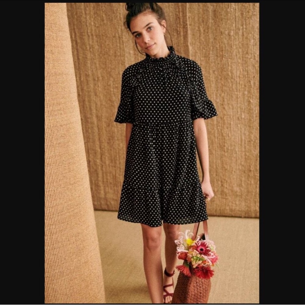 Sezane Ninon Mini Dress Size 38 US6 Black and Cream Polka Dot Print